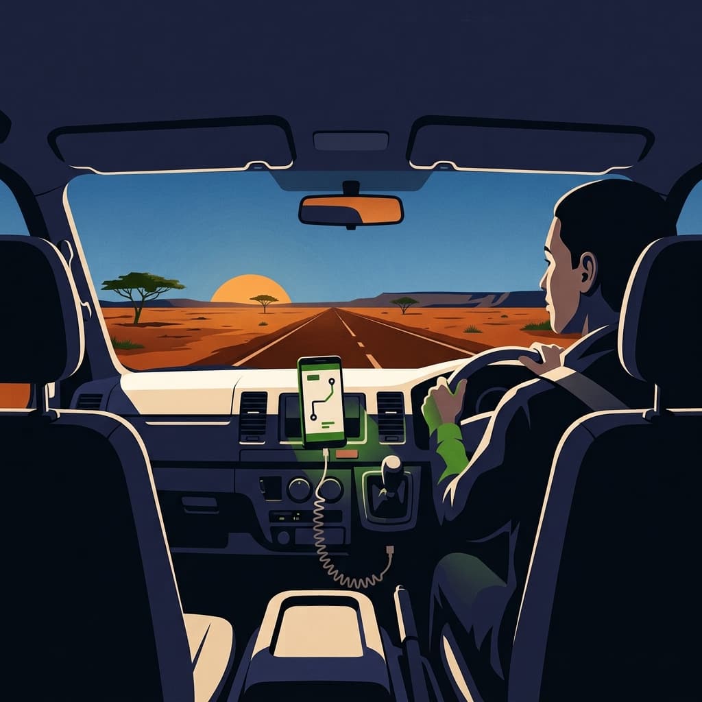 A driver at the wheel with the trip route on a dash-mounted phone