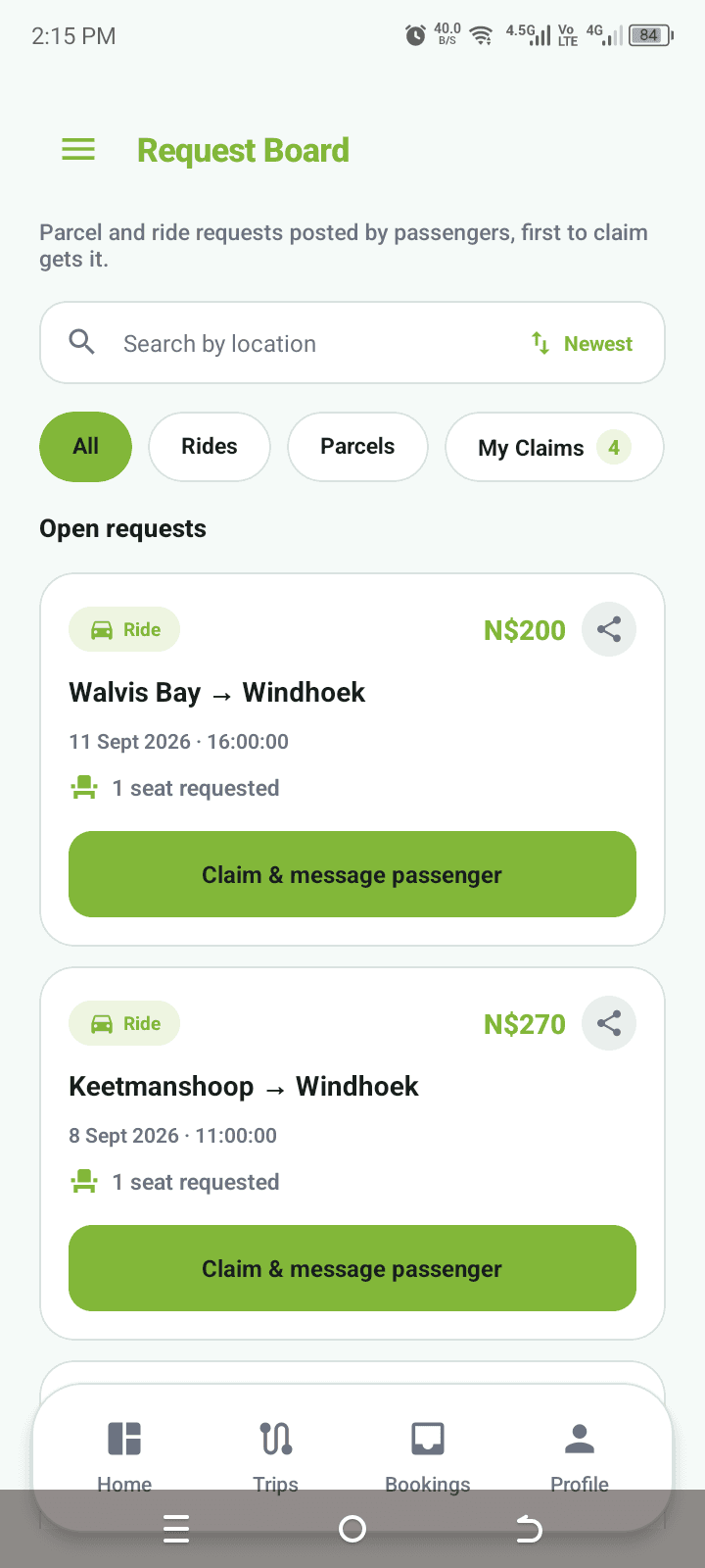 Driver app request board listing open ride requests