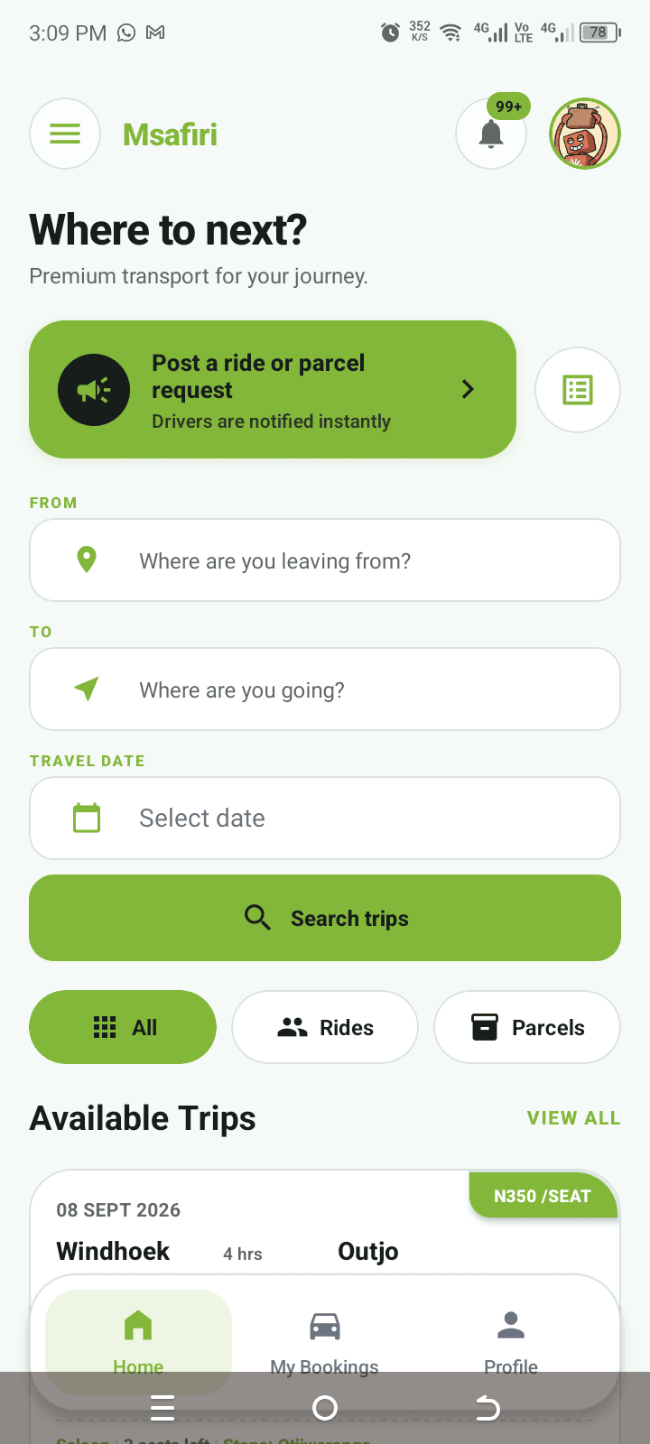 Passenger app list of available trips with prices and seats