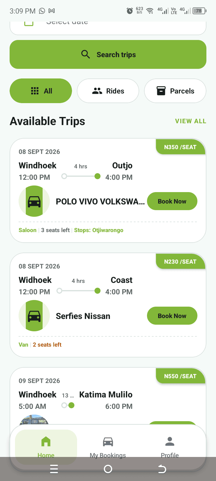 Passenger app home screen with search and available trips